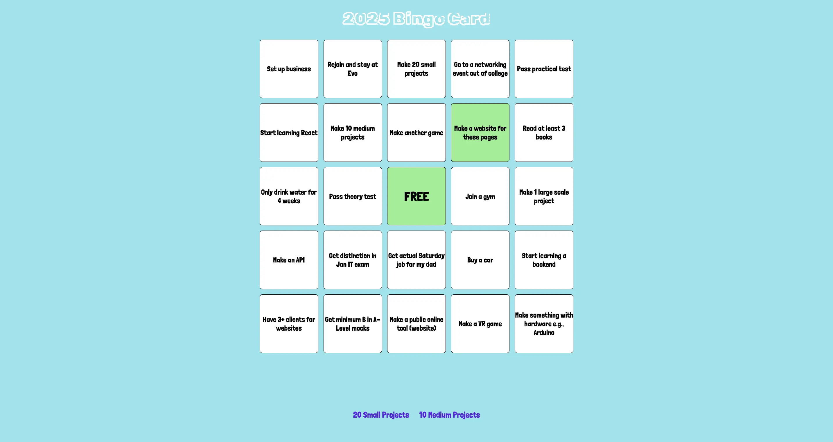 My 2025 Bingo Card as acheivements to do