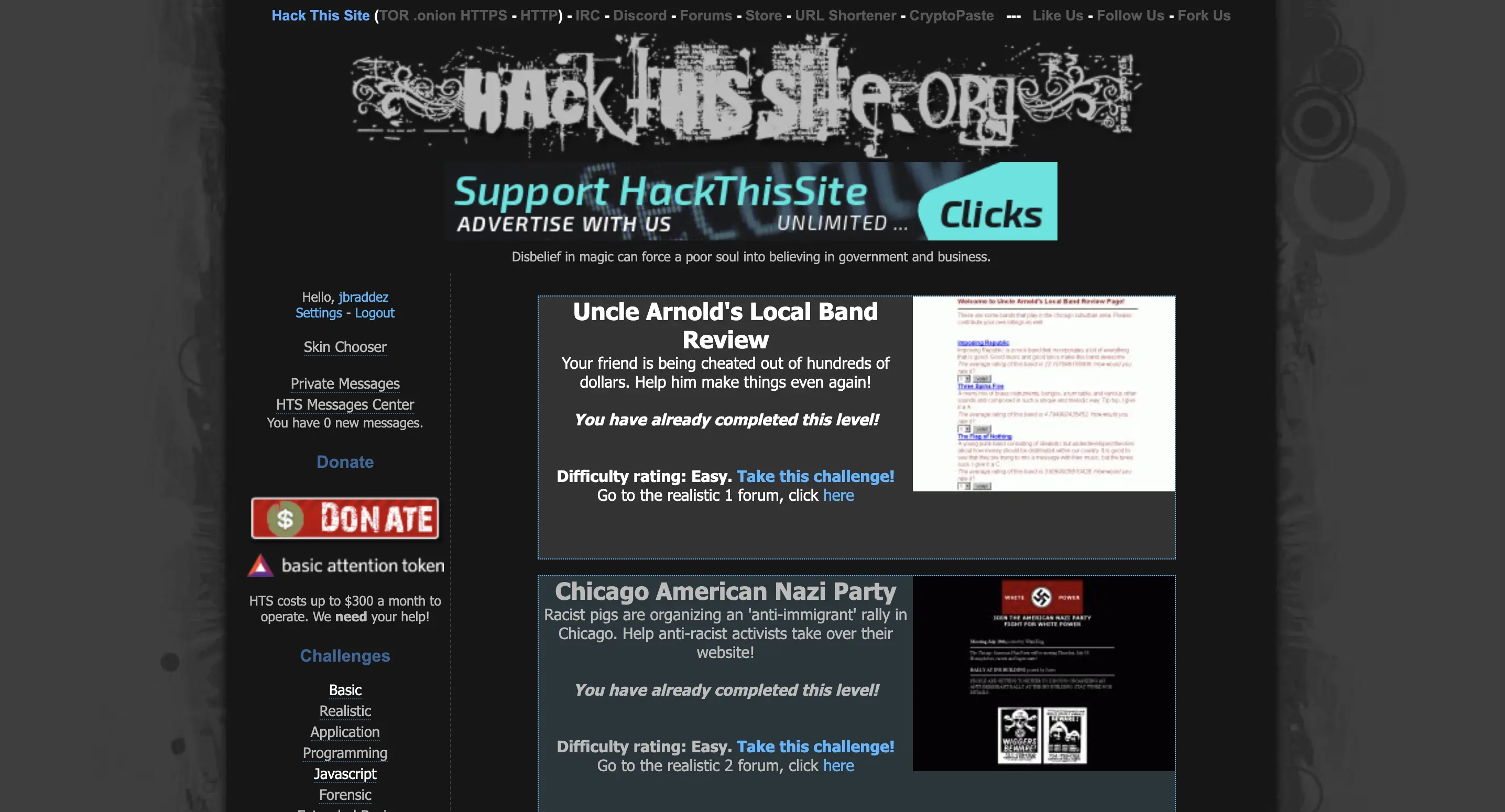 Hack This Site realistic challenges completed